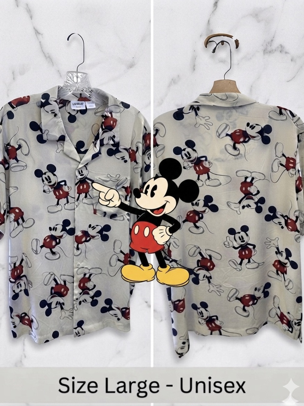 Disney Mickey Mouse All-Over Print Rayon Button Up Shirt Unisex LARGE Oversized